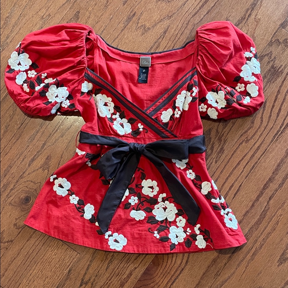 Red Floral Puff Sleeve Blouse